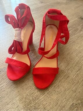 Allegra K Red Lace-Up Block Heels